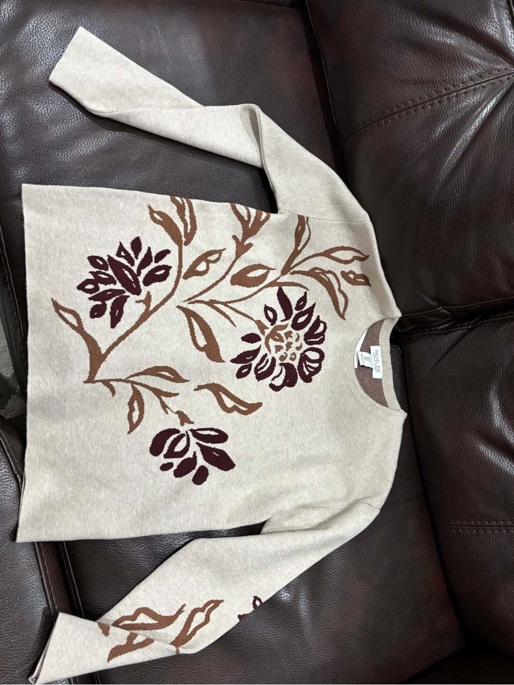 Rachel Zoe Beige Crewneck Sweater with Brown and Burgundy Floral Motif